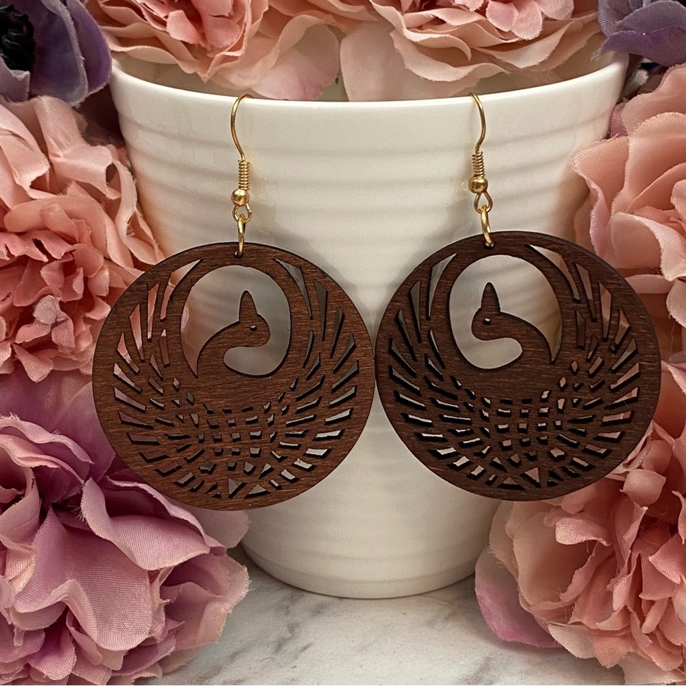 Boho Hand Carved Round Wood Phoenix Bird Earrings